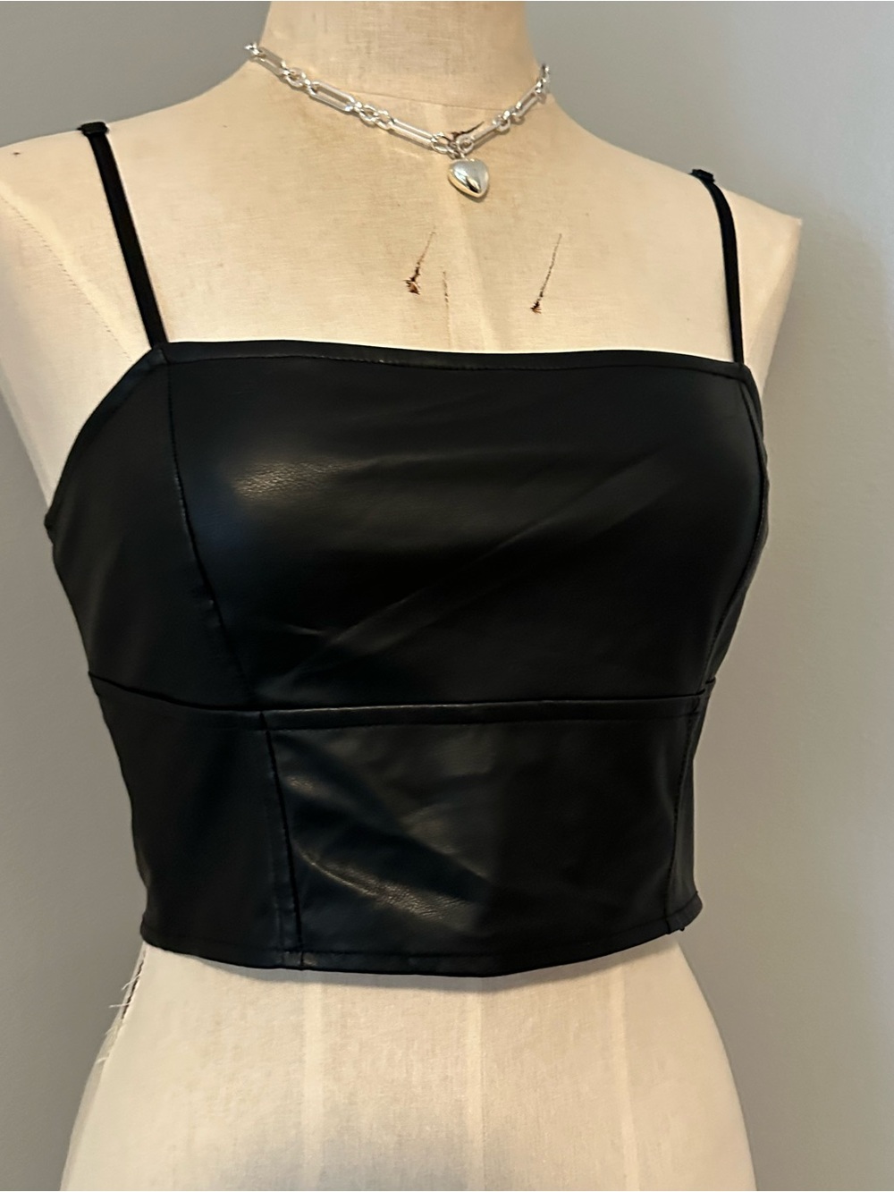 Zara Black Faux Leather Spaghetti-Strap Crop Top